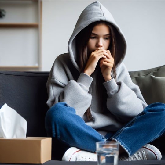 Девочка в капюшоне сидит на диване